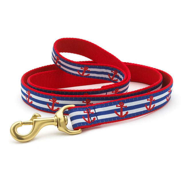 Anchor striped dog collar in red and blue with brass D-ring and clasp