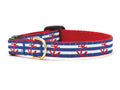 Navy and red striped cat collar with anchor print and brass buckle, for cats