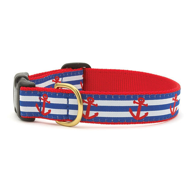 Red and blue anchor striped dog collar with brass buckle and metal ring