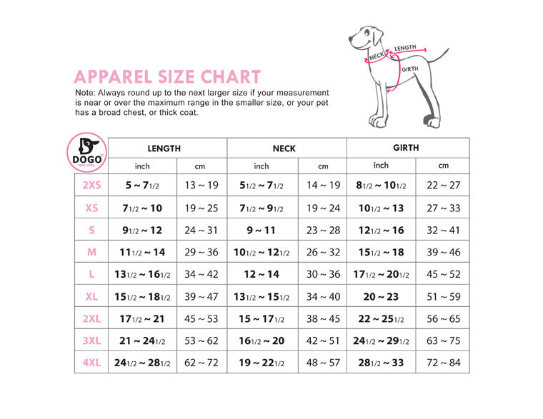 Pet apparel size chart with measurements for length, neck, and girth