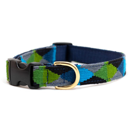 Argyle cotton dog collar with green and blue diamond pattern, gold buckle, dark backing
