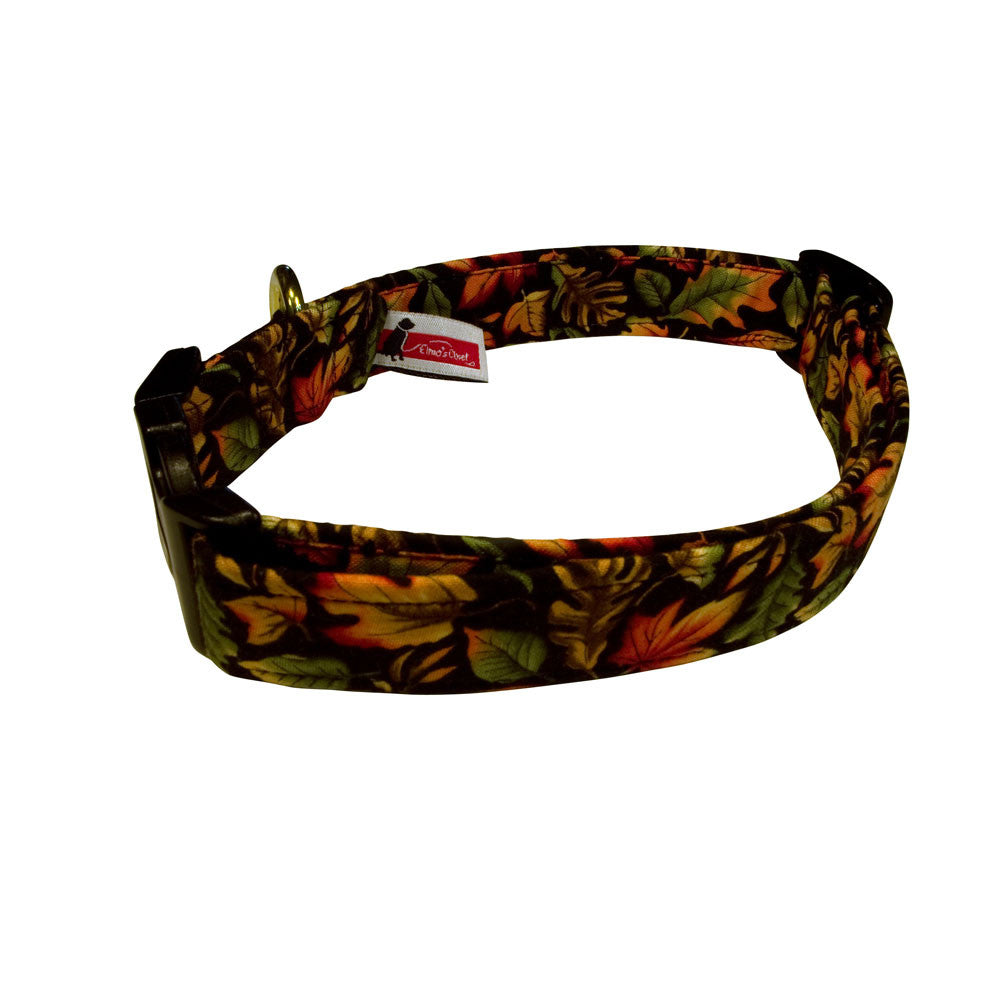 Fall leaves dog collar with gold hardware and stitched fabric, orange green leaf pattern