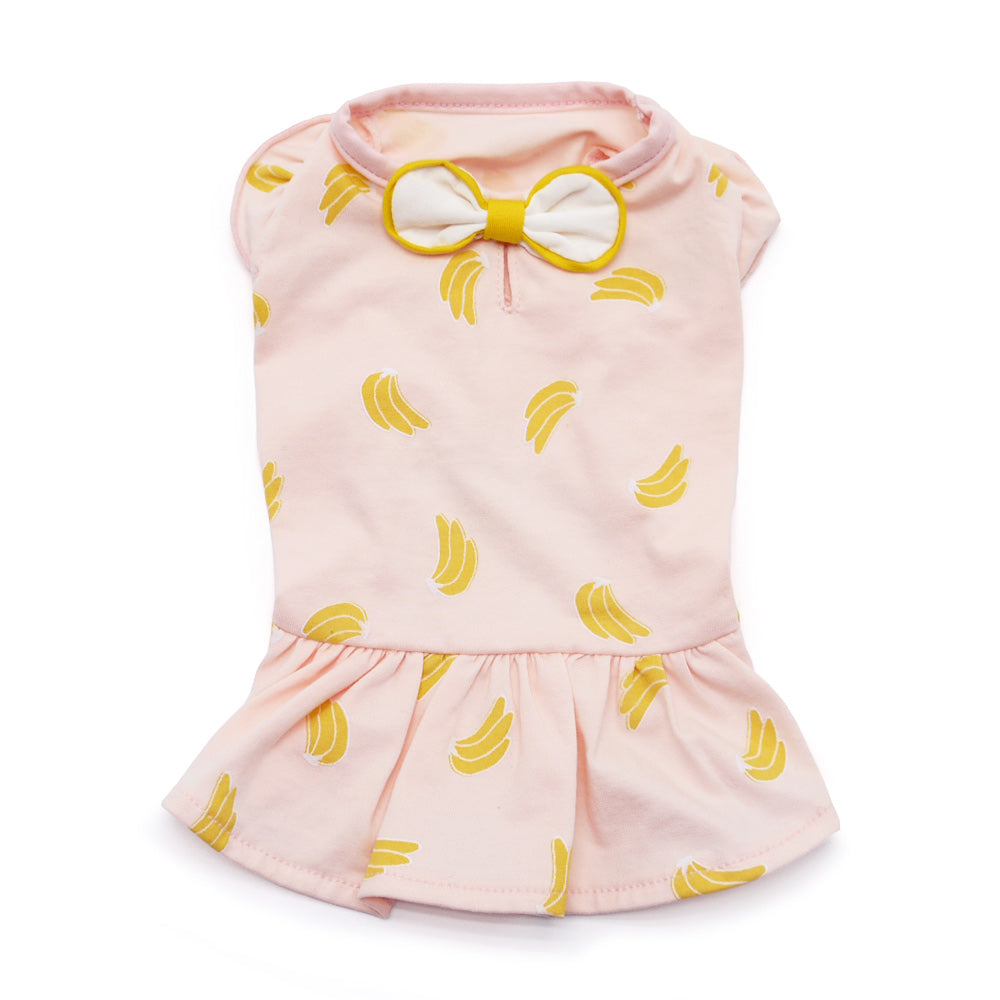 Pink banana-print dog dress with yellow bow neckline