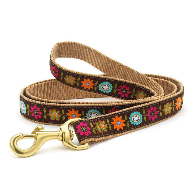 Brown dog collar and matching leash with colorful floral trim and brass clip
