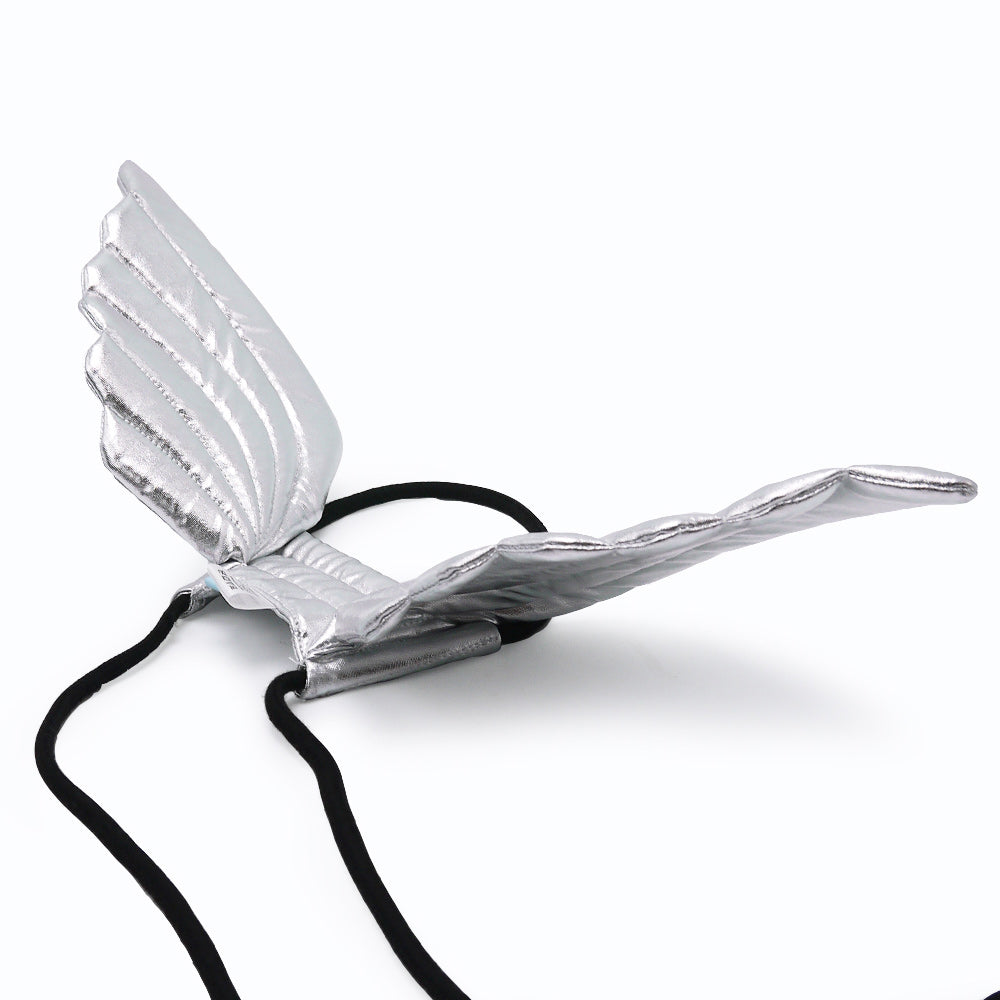Silver angel dog wings costume with black elastic straps and textured feather panels