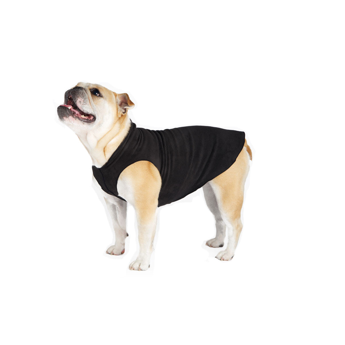 Black stretch fleece dog coat with front opening and legless design