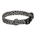 Black dog collar with white bone pattern, metal D-ring and buckle closure