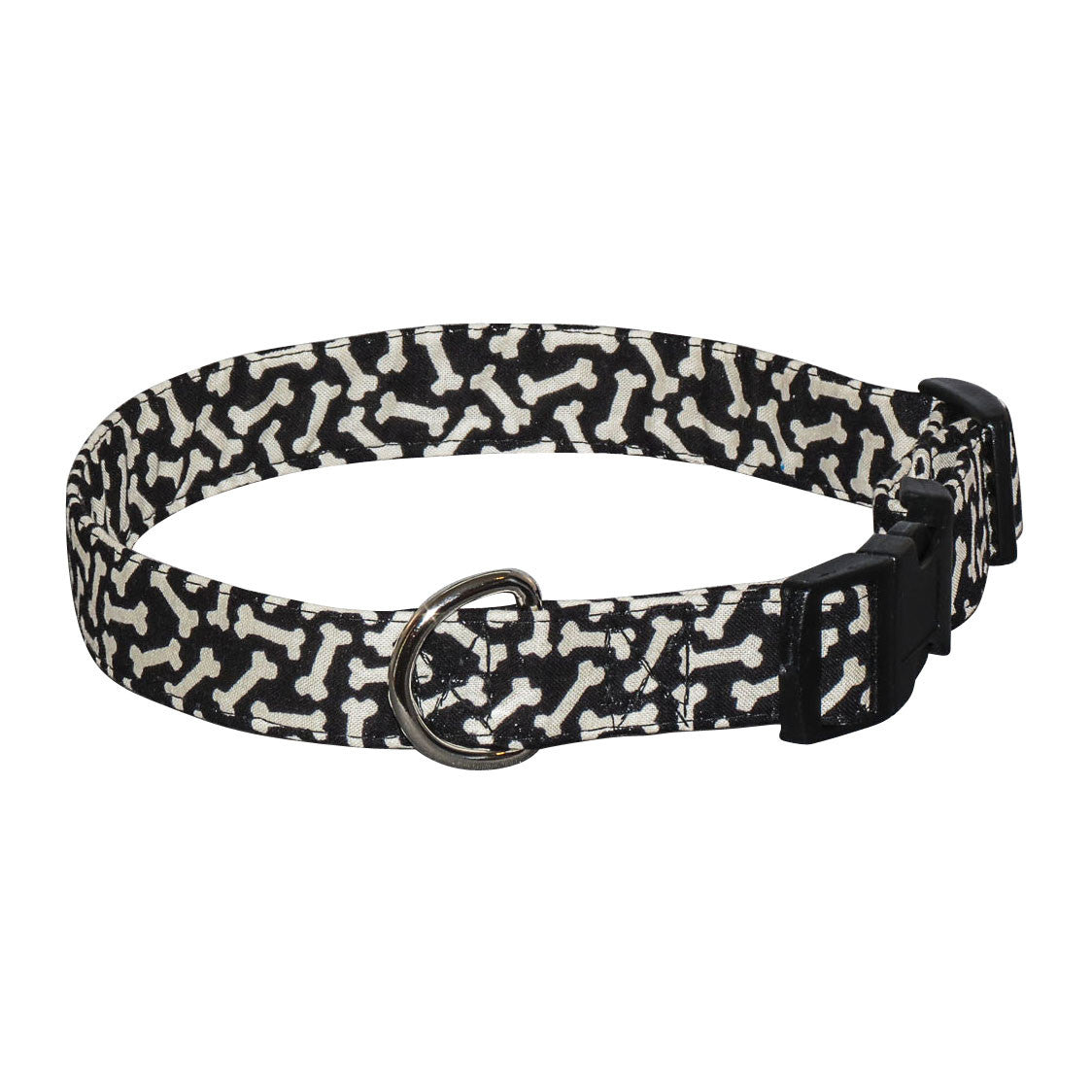 Black dog collar with white bone pattern, metal D-ring and buckle closure