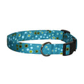 Blue bubble-pattern dog collar with metal D-ring and adjustable black buckle