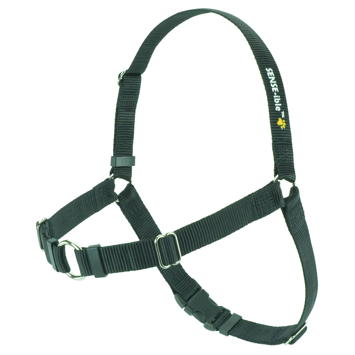 Dark green no-pull dog harness with front chest straps and adjustable fit