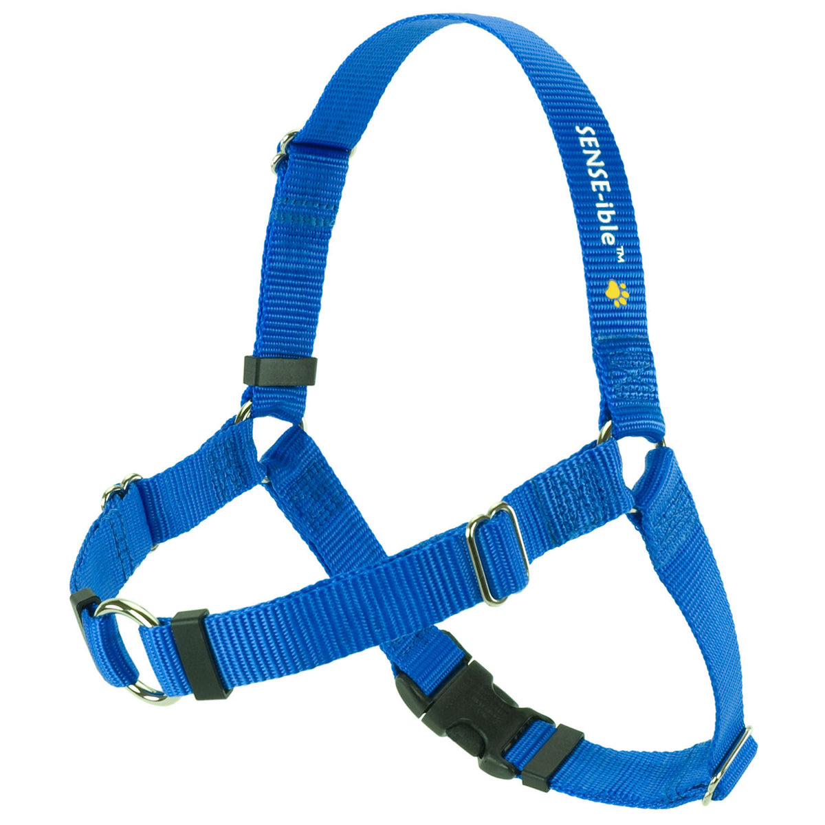 Blue no-pull dog harness with front chest strap and adjustable buckles