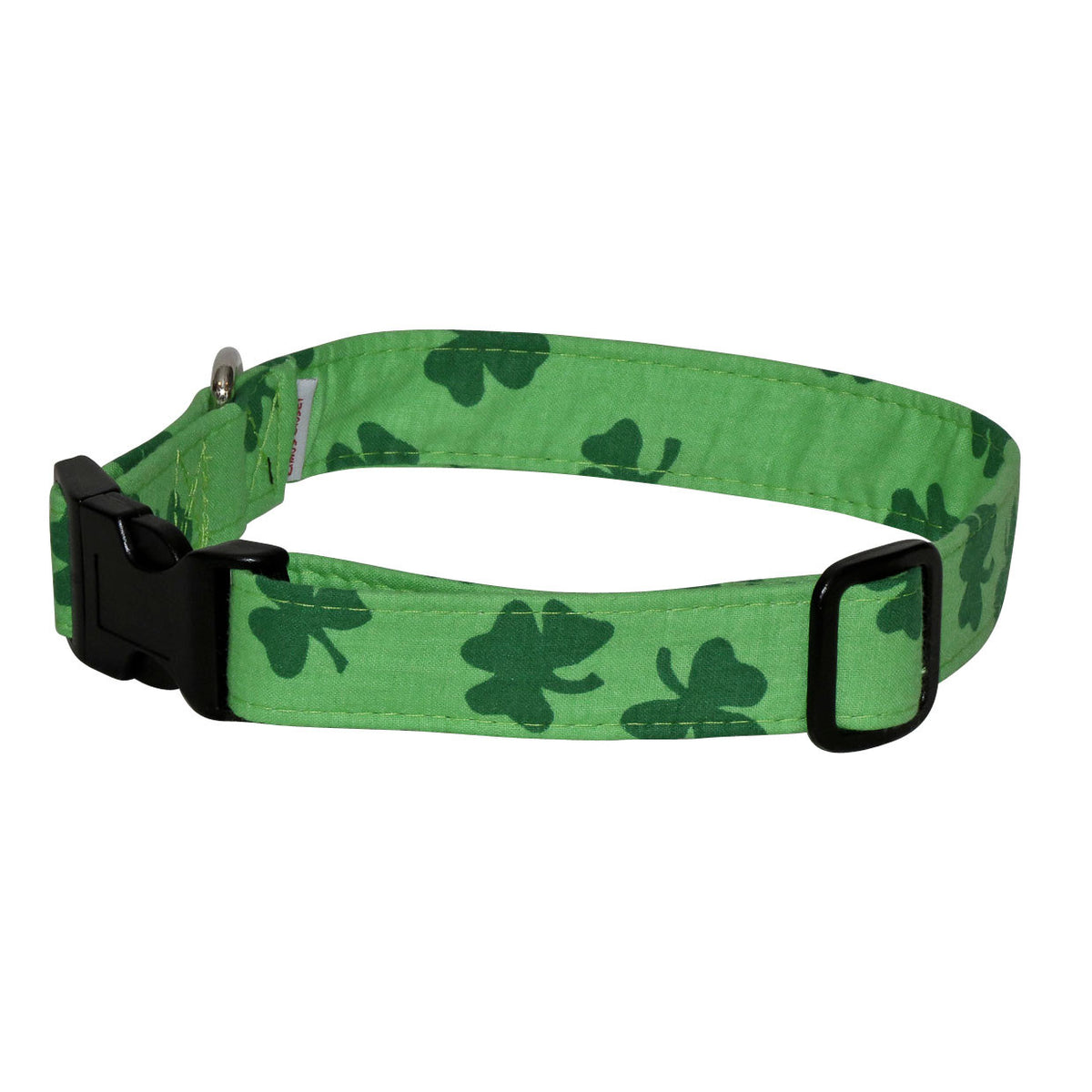 Light green dog collar with bold shamrock pattern and black buckle