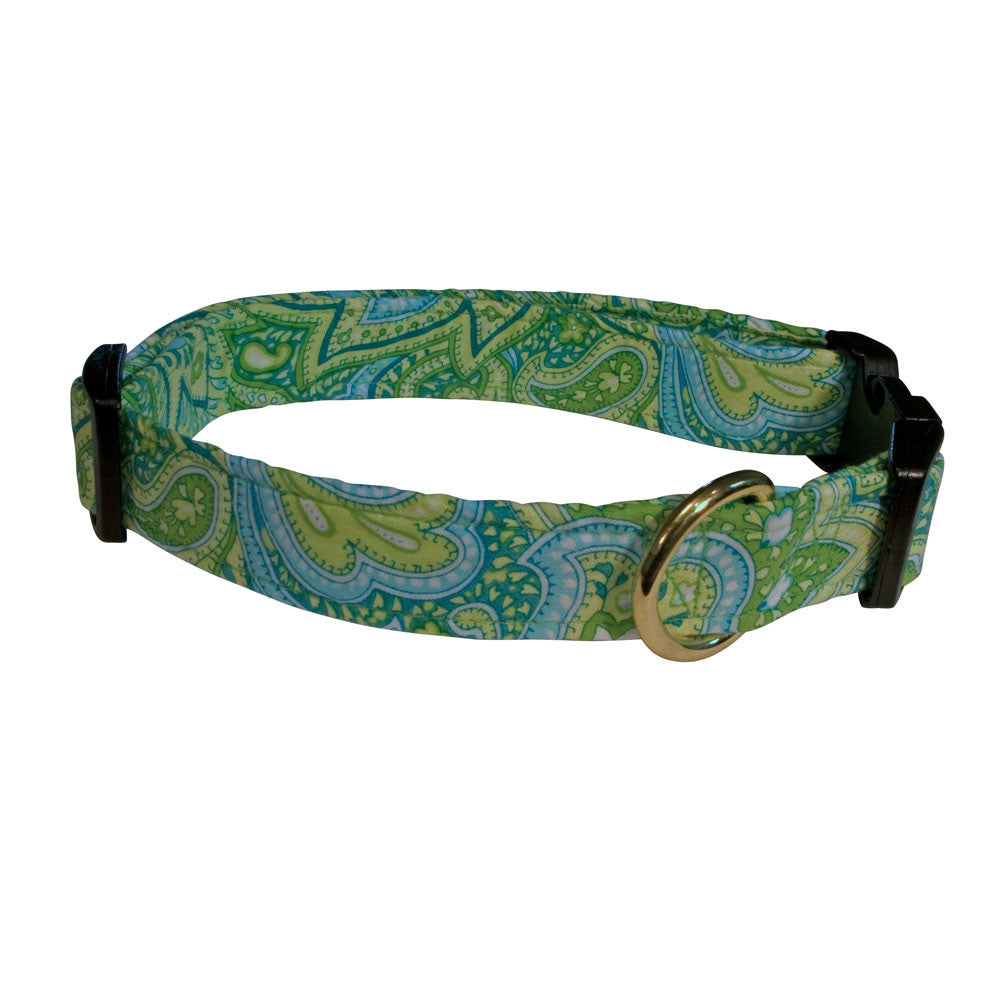 Paisley patterned dog collar with teal-and-green fabric and brass-tone buckle