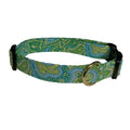 Paisley patterned dog collar with teal-and-green fabric and brass-tone buckle
