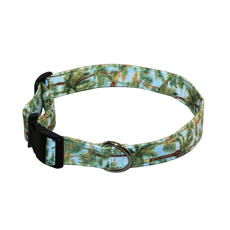 Palm leaf print dog collar with black buckle and metal D-ring