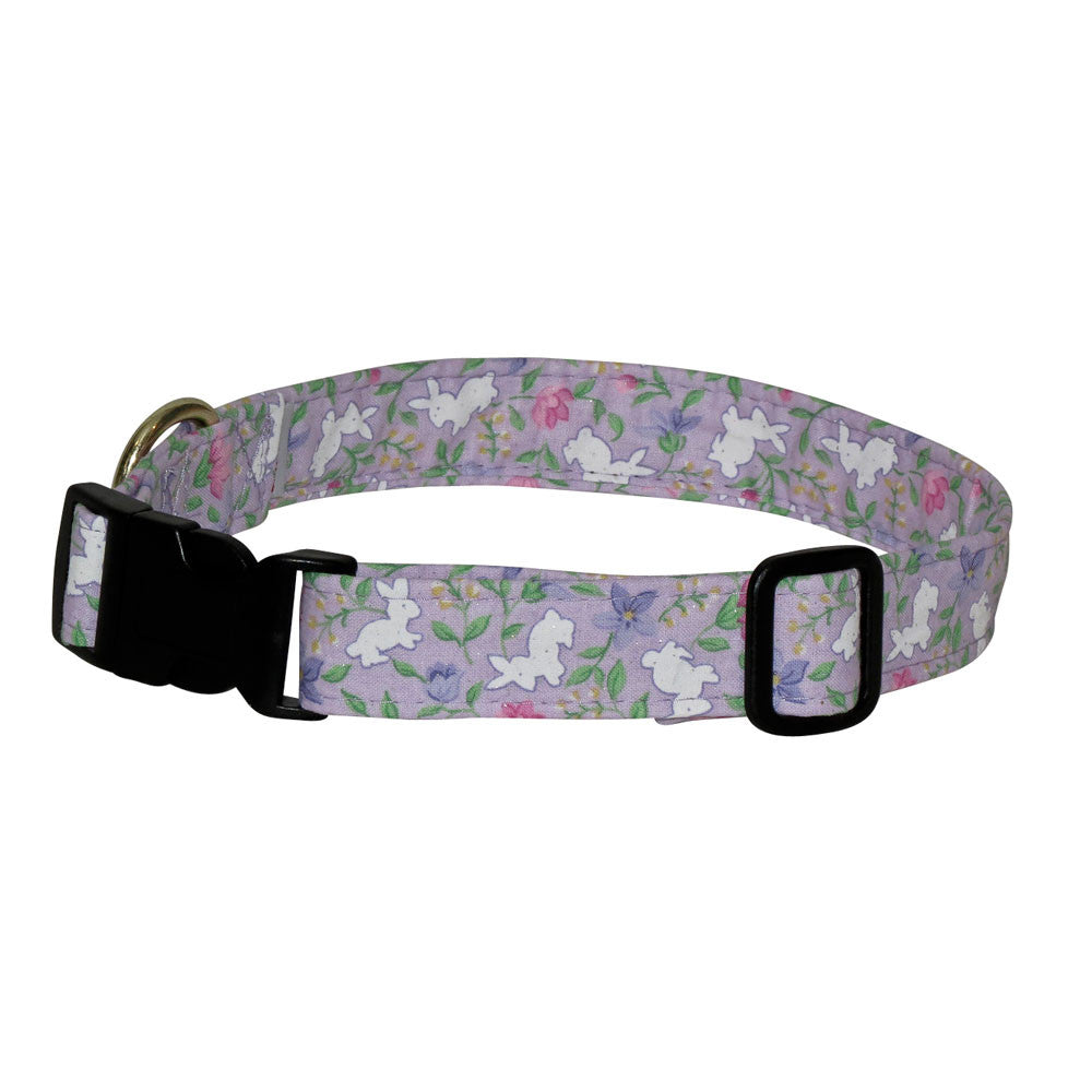 Bunny-pattern dog collar with purple floral fabric, black buckle and adjuster
