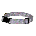 Bunny-pattern dog collar with purple floral fabric, black buckle and adjuster