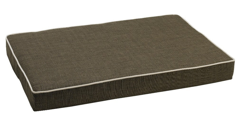 Memory foam dog mattress in driftwood brown with white piped edges