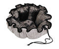 Round ruffled pet bed with textured gray outer cover and dark plush interior