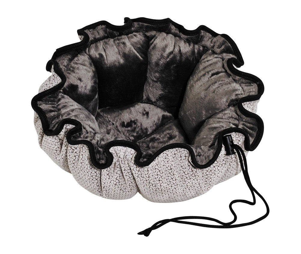 Round ruffled pet bed with textured gray outer cover and dark plush interior
