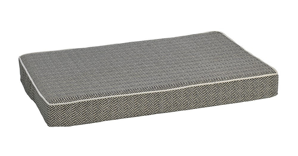 Herringbone dog mattress with dark gray textured cover and raised padded sides