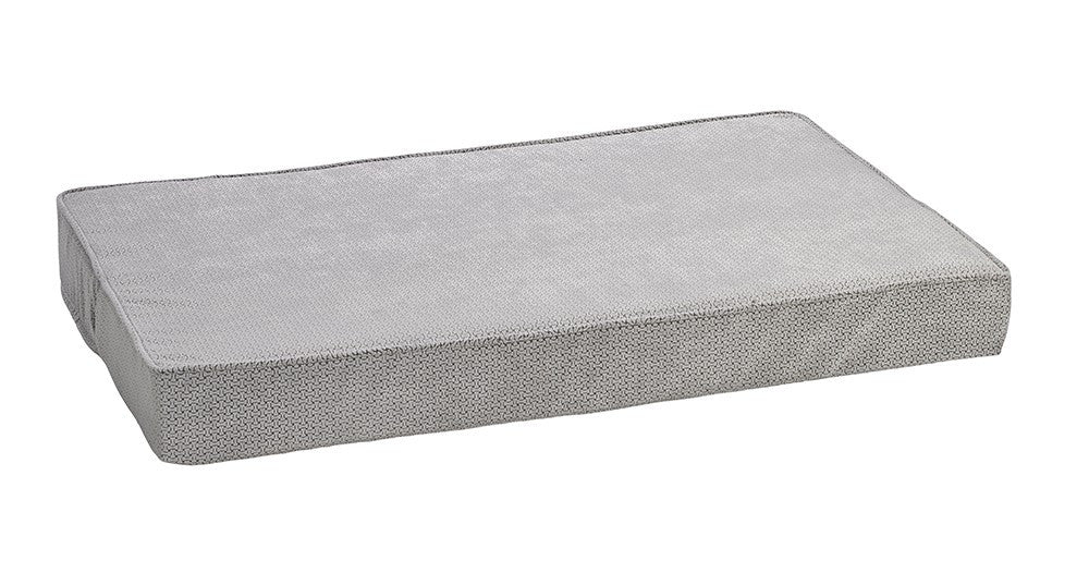 Silver-gray memory foam dog mattress cushion with low raised bolsters
