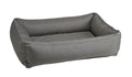 Rectangular gray dog bed with bolstered sides and padded base