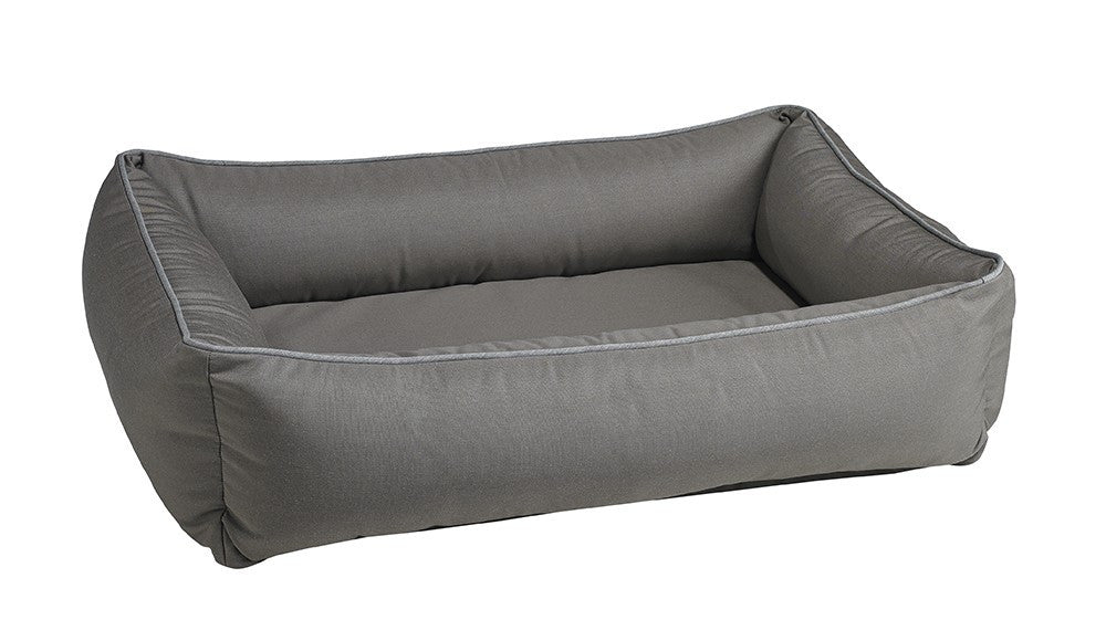 Rectangular gray dog bed with bolstered sides and padded base