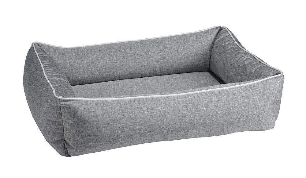 Urban Lounger dog bed in heather gray, rectangular with low bolster sides and padded cushion
