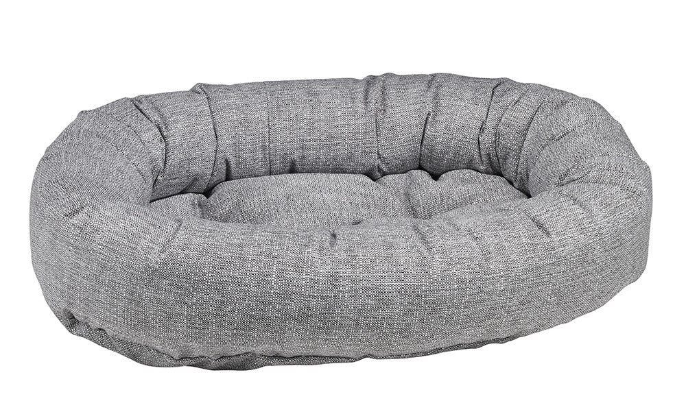 Allumina microlinen donut dog bed, gray fabric with raised padded rim and base
