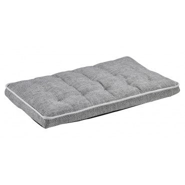 Luxury crate mattress pad with gray quilted top and white fabric piping