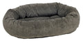 Pewter microvelvet donut dog bed with bone pattern and raised bolsters