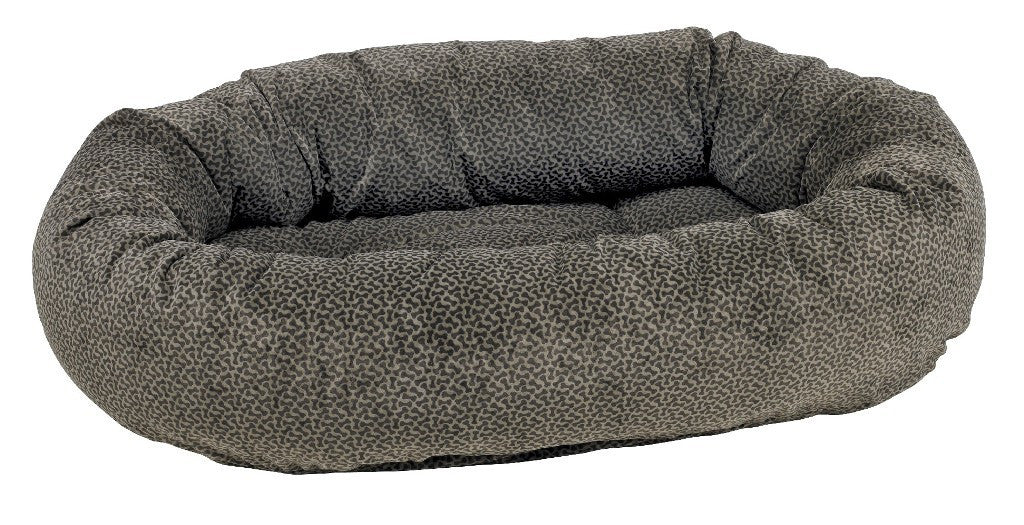 Pewter microvelvet donut dog bed with bone pattern and raised bolsters