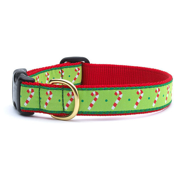 Red and green dog collar with candy cane pattern and black plastic buckle