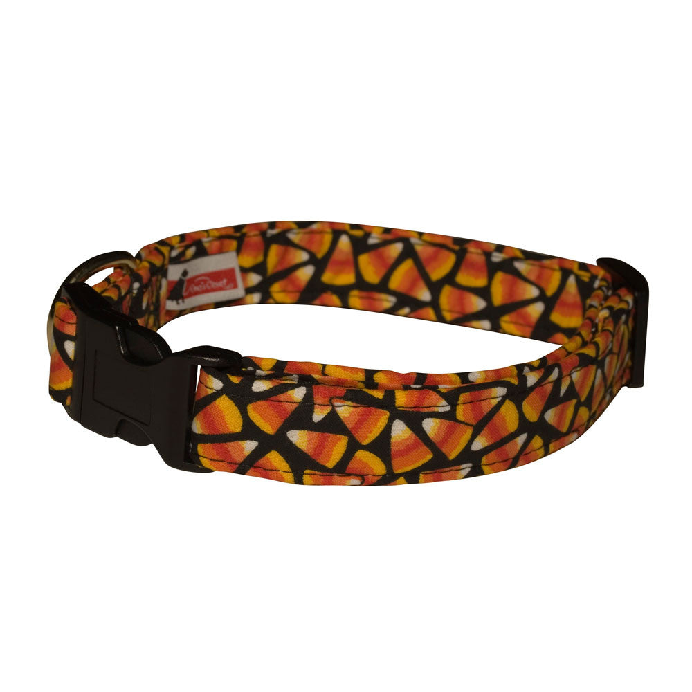 Candy corn print dog collar with black plastic buckle and adjustable strap