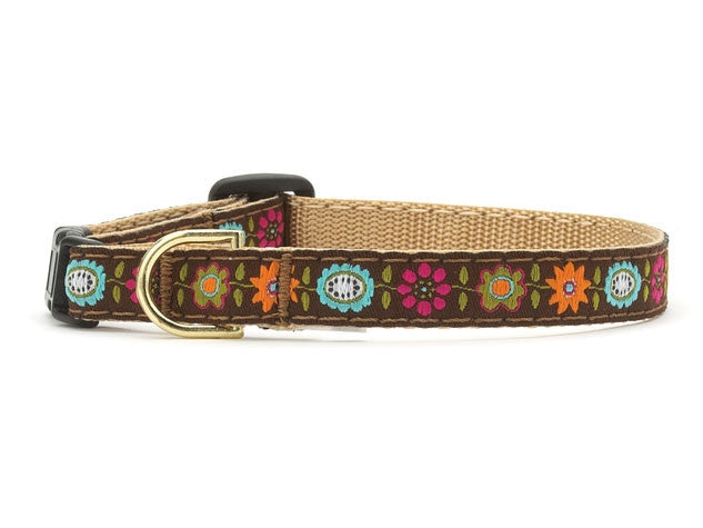 Floral cat collar: woven tan strap with colorful pattern and buckle