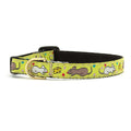 Cat collar in lime yellow with cartoon cats and cheese print, metal buckle