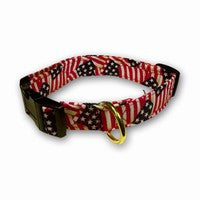 Patriotic waving-flags dog collar with stars-and-stripes pattern and gold ring, black