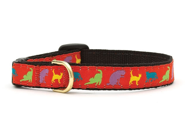 Red cat collar with colorful cat silhouettes and metal buckle