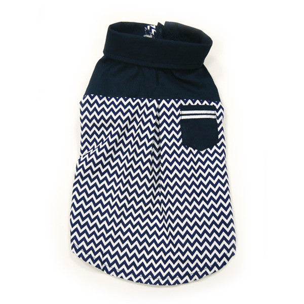 Navy dog shirt with white chevron pattern, high collar, and small chest pocket.