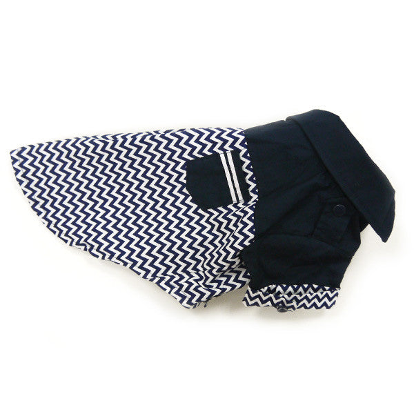 Back of navy dog shirt with white chevron print and navy sleeves with small pockets.