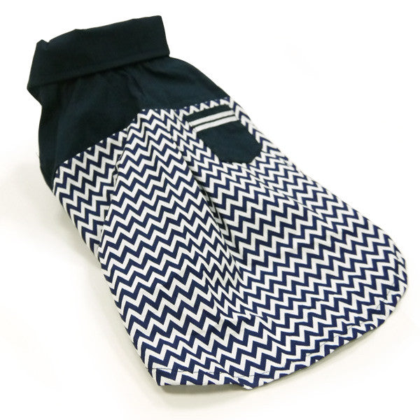 Navy and white chevron dog shirt with stand collar and buttoned front placket.