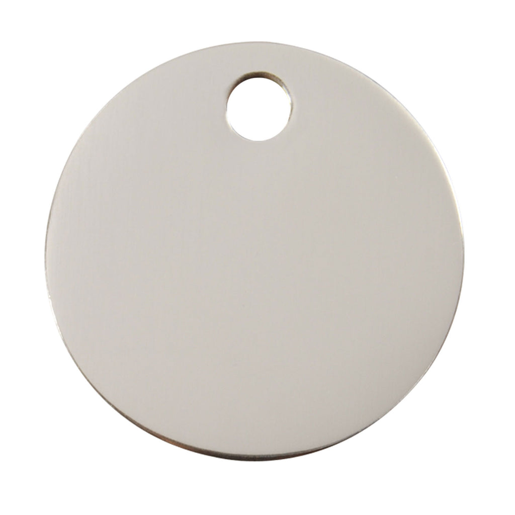Round stainless steel dog ID tag, flat circle with top hole for ring