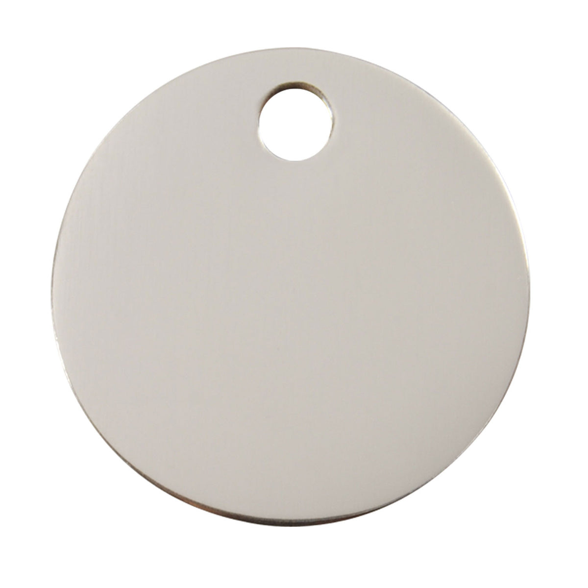 Round stainless steel dog ID tag, flat circle with top hole for ring