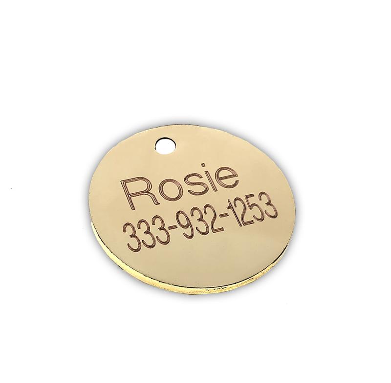 Round gold-edged dog ID tag back with 'ROSIE' and phone number 333-932-1253