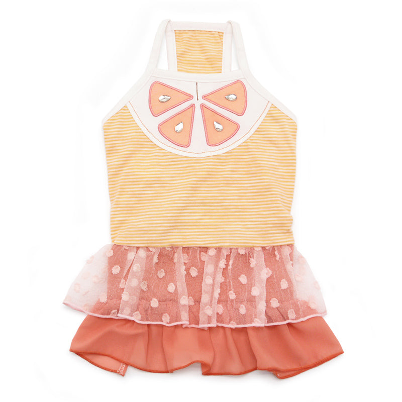 Back view of citrus dog dress with yellow striped body, pink triangle bib, and ruffled orange hem