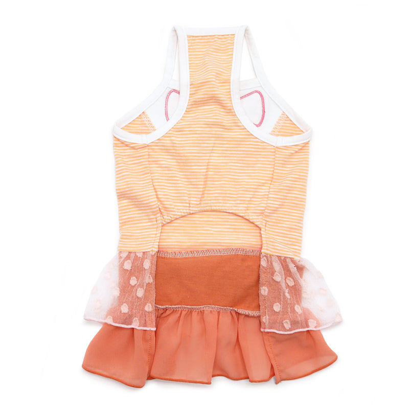 Sleeveless citrus dog dress with yellow striped top, pink applique accents, and ruffled orange skirt