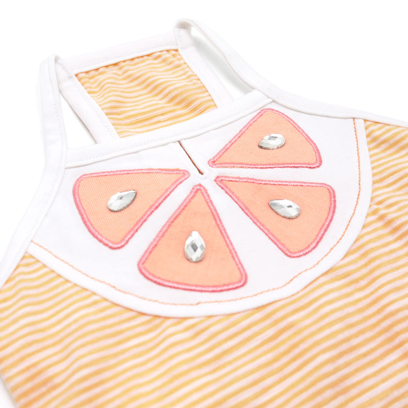 Close-up citrus bib on striped dog dress: orange triangle applique with small gem-like accents