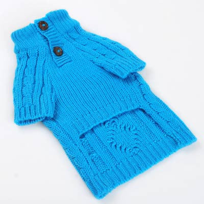 Blue cable-knit dog sweater with two dark buttons and ribbed knit cuffs