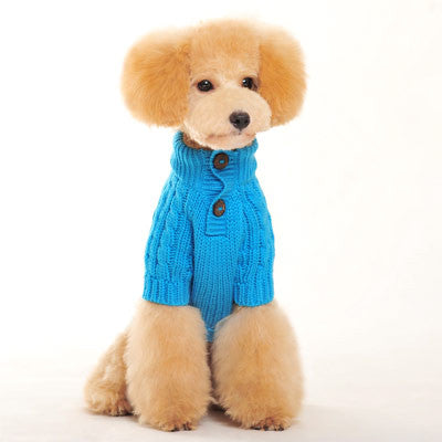Blue cable-knit dog sweater with buttoned front and cozy collar